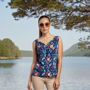 SONOMA Womens Top Blue Multicolor Floral Print Sleeveless Rayon Blouse Button
